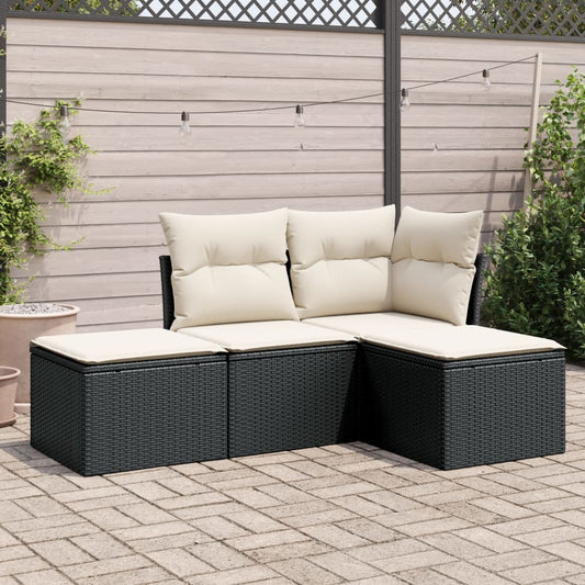 4-delige Loungeset met kussens poly rattan zwart