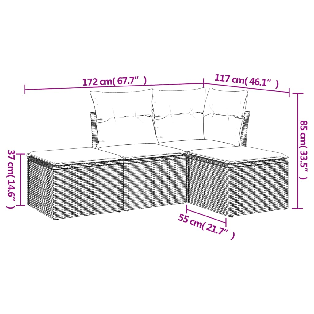 4-delige Loungeset met kussens poly rattan beige