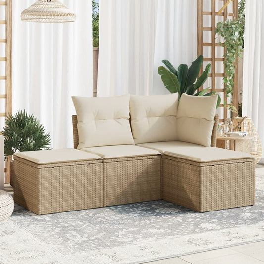 4-delige Loungeset met kussens poly rattan beige