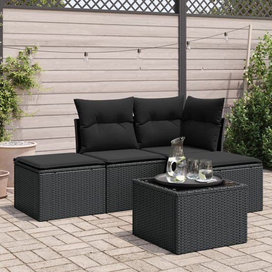 5-delige Loungeset met kussens poly rattan zwart