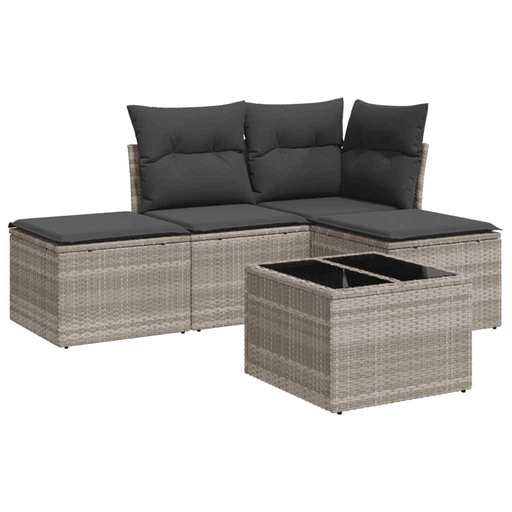 5-delige Loungeset met kussens poly rattan lichtgrijs