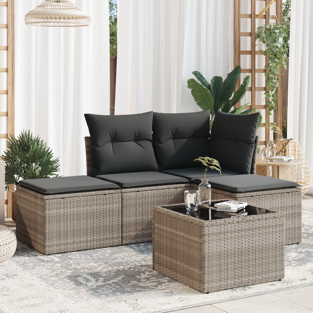 5-delige Loungeset met kussens poly rattan lichtgrijs