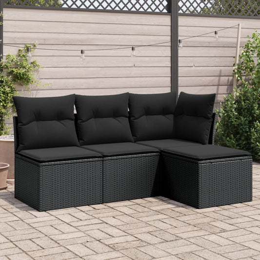 4-delige Loungeset met kussens poly rattan zwart