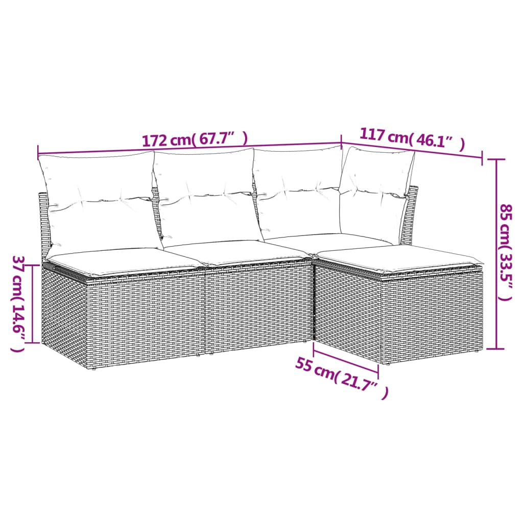 4-delige Loungeset met kussens poly rattan bruin