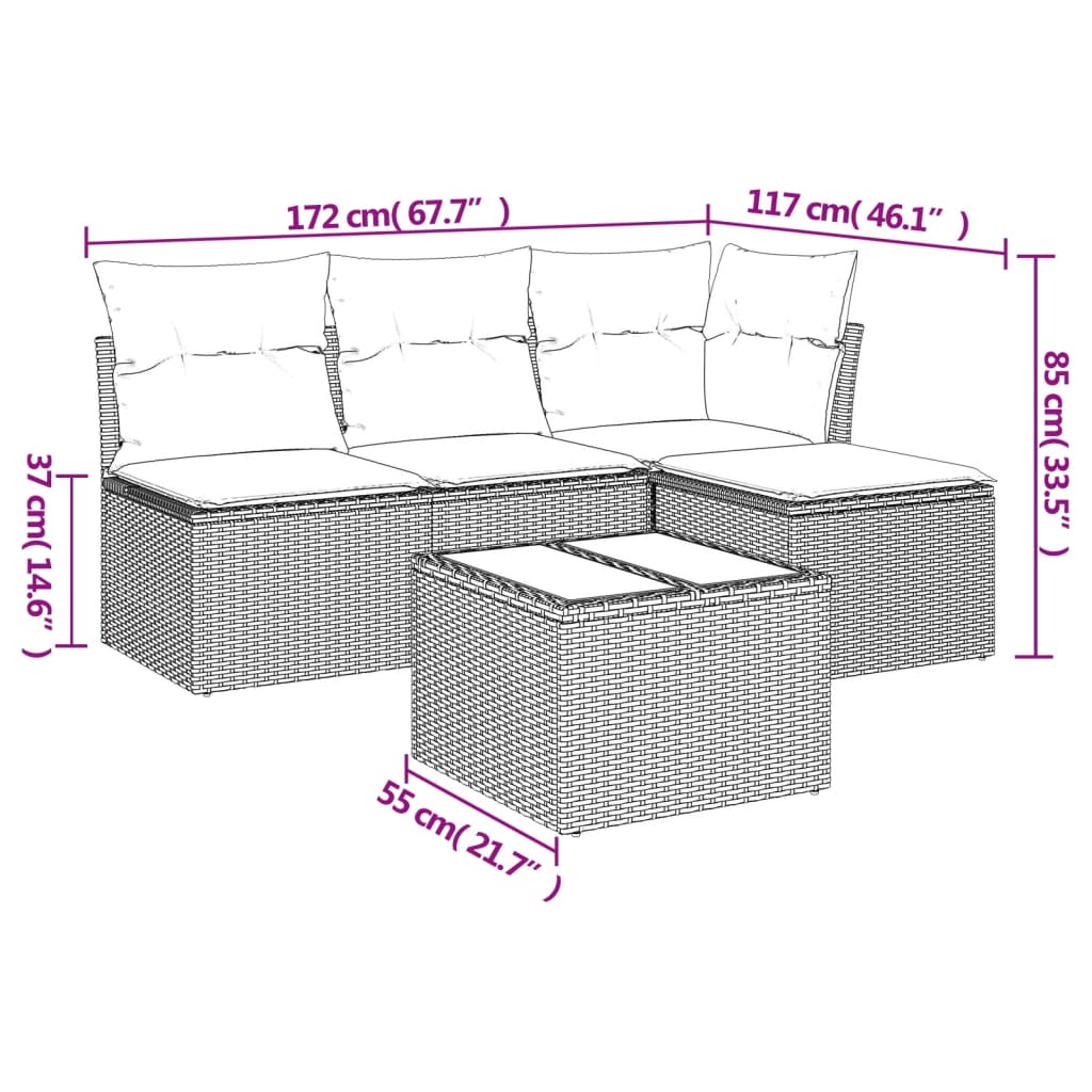 5-delige Loungeset met kussens poly rattan zwart