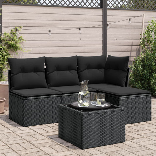 5-delige Loungeset met kussens poly rattan zwart