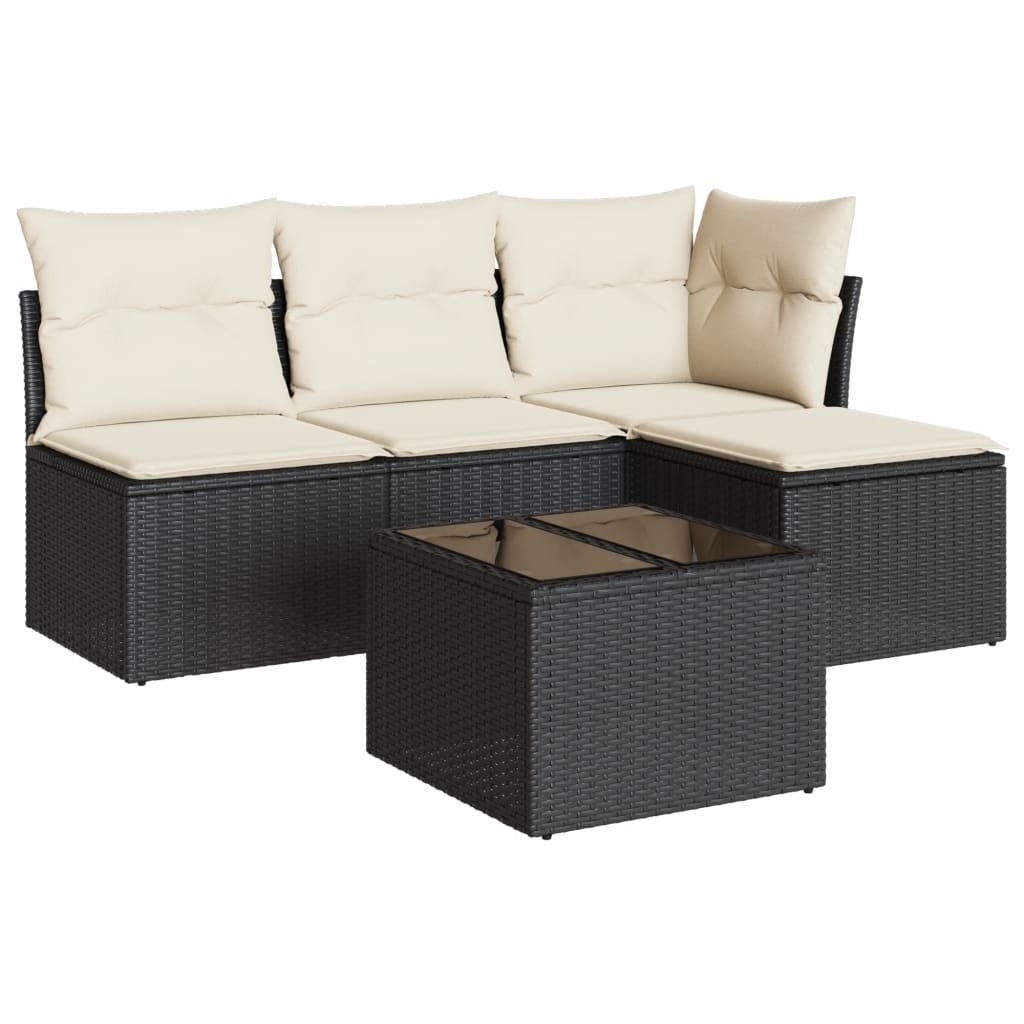 5-delige Loungeset met kussens poly rattan zwart