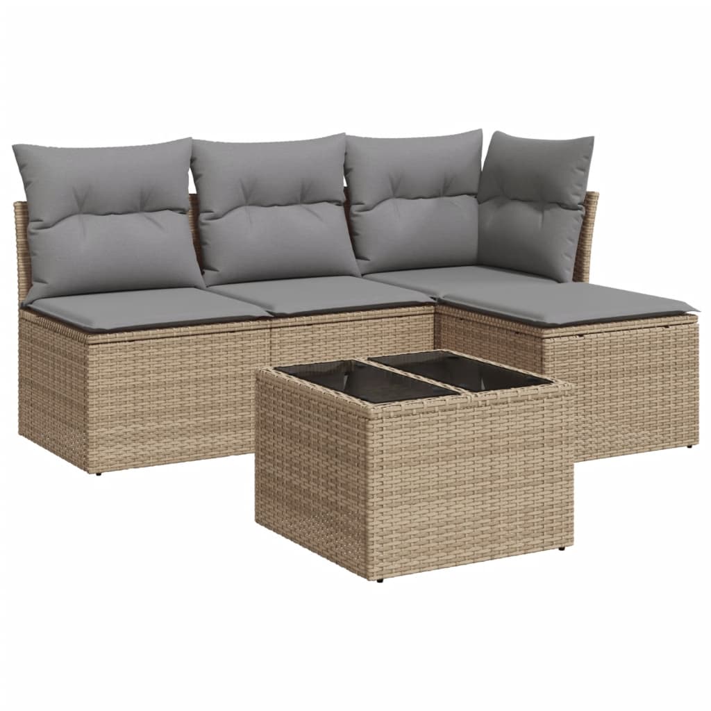 5-delige Loungeset met kussens poly rattan beige