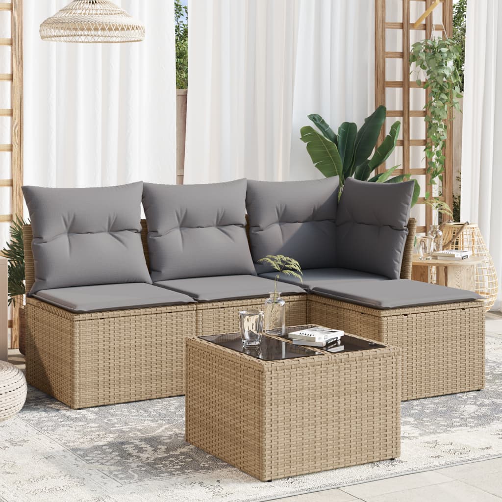 5-delige Loungeset met kussens poly rattan beige