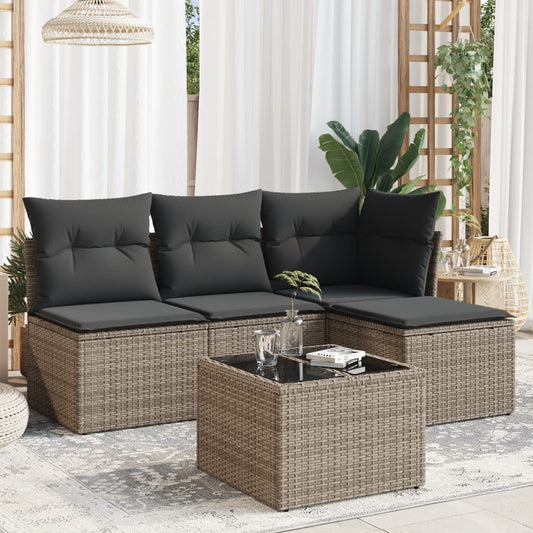 5-delige Loungeset met kussens poly rattan grijs