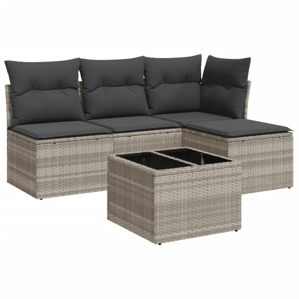 5-delige Loungeset met kussens poly rattan lichtgrijs