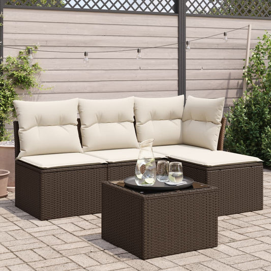 5-delige Loungeset met kussens poly rattan bruin