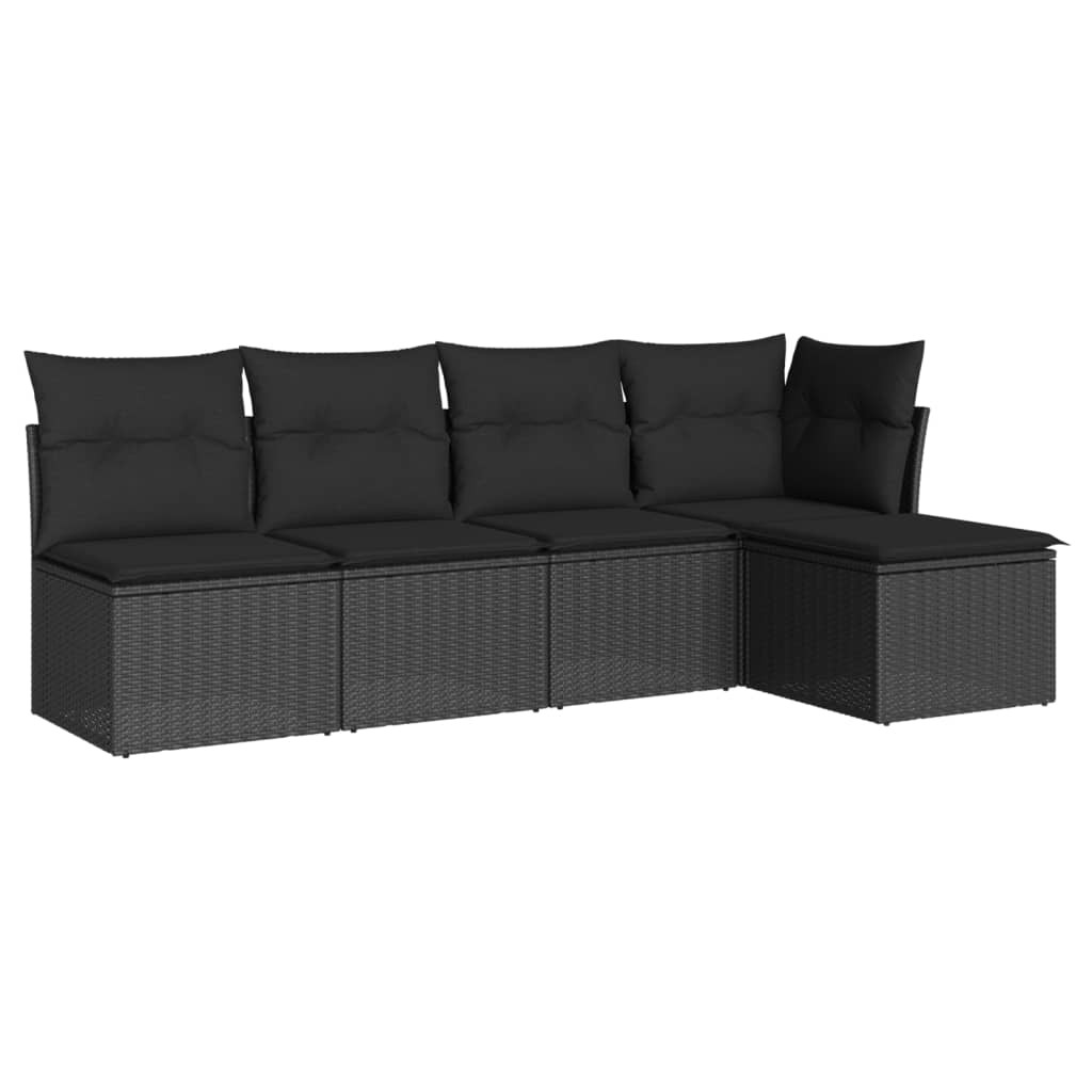 5-delige Loungeset met kussens poly rattan zwart