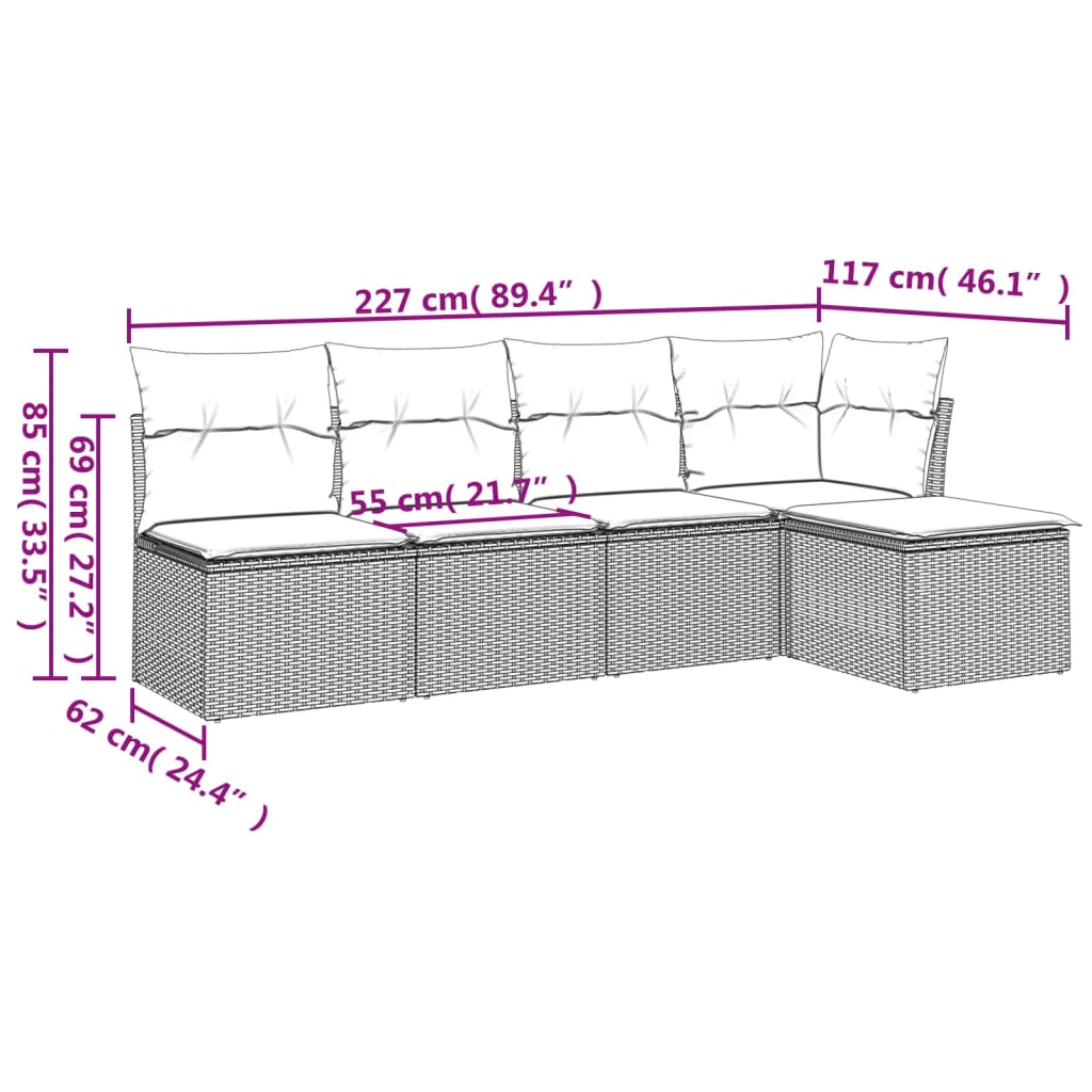 5-delige Loungeset met kussens poly rattan zwart