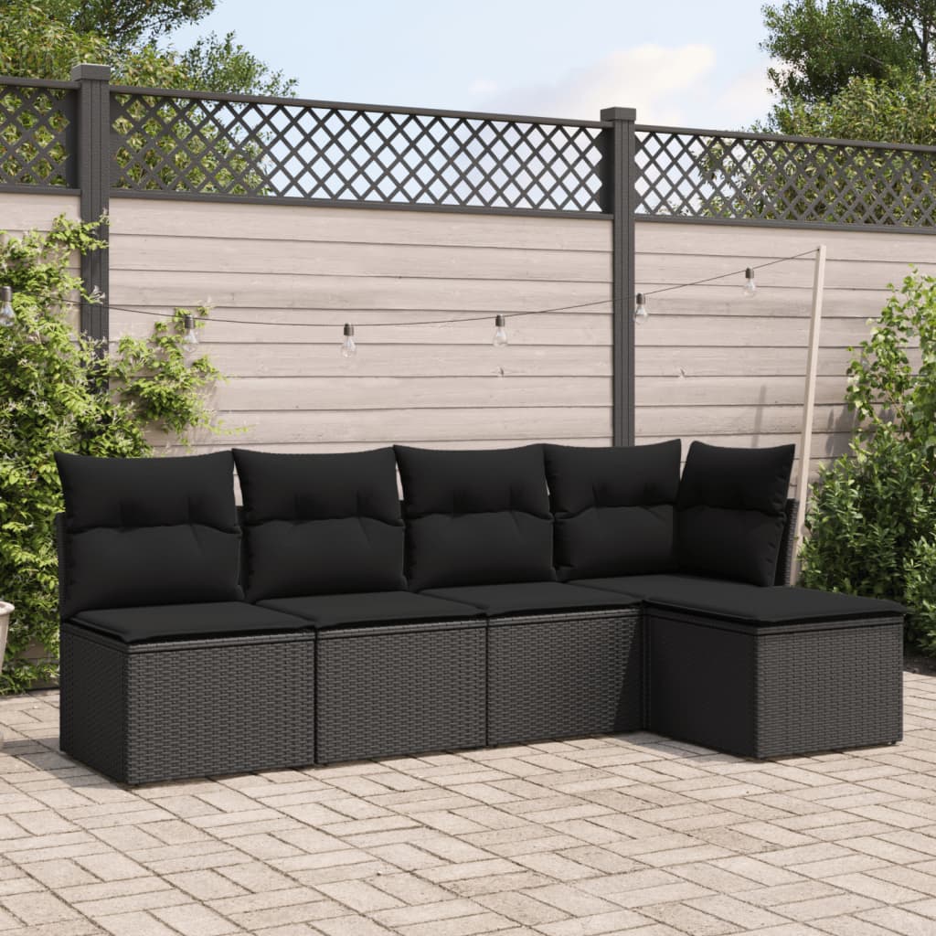 5-delige Loungeset met kussens poly rattan zwart