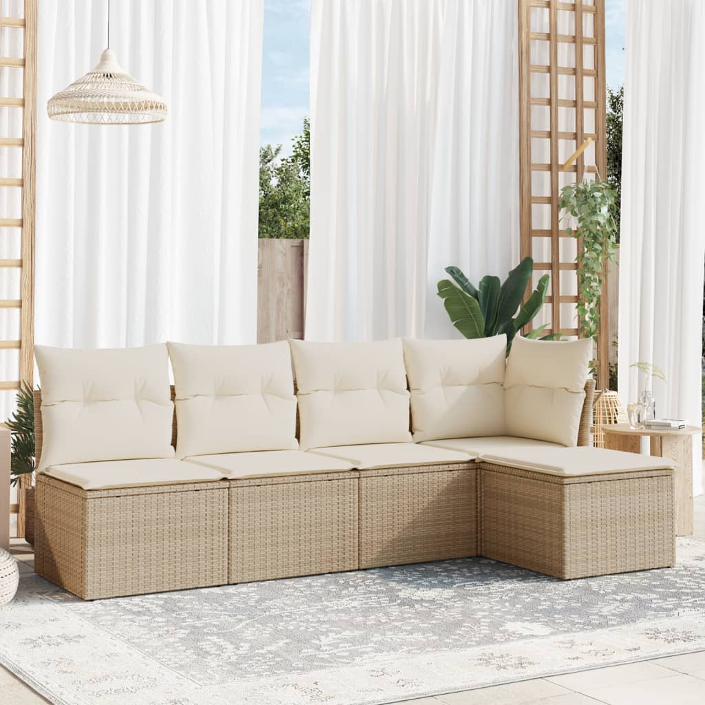 5-delige Loungeset met kussens poly rattan beige