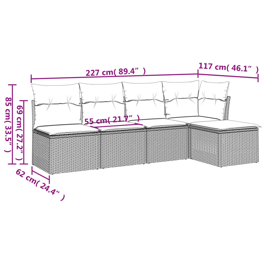 5-delige Loungeset met kussens poly rattan grijs