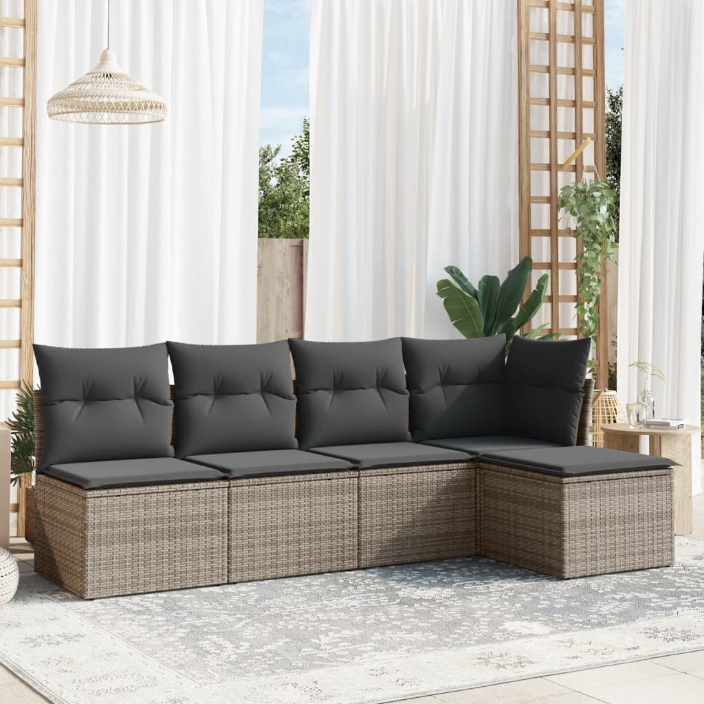 5-delige Loungeset met kussens poly rattan grijs