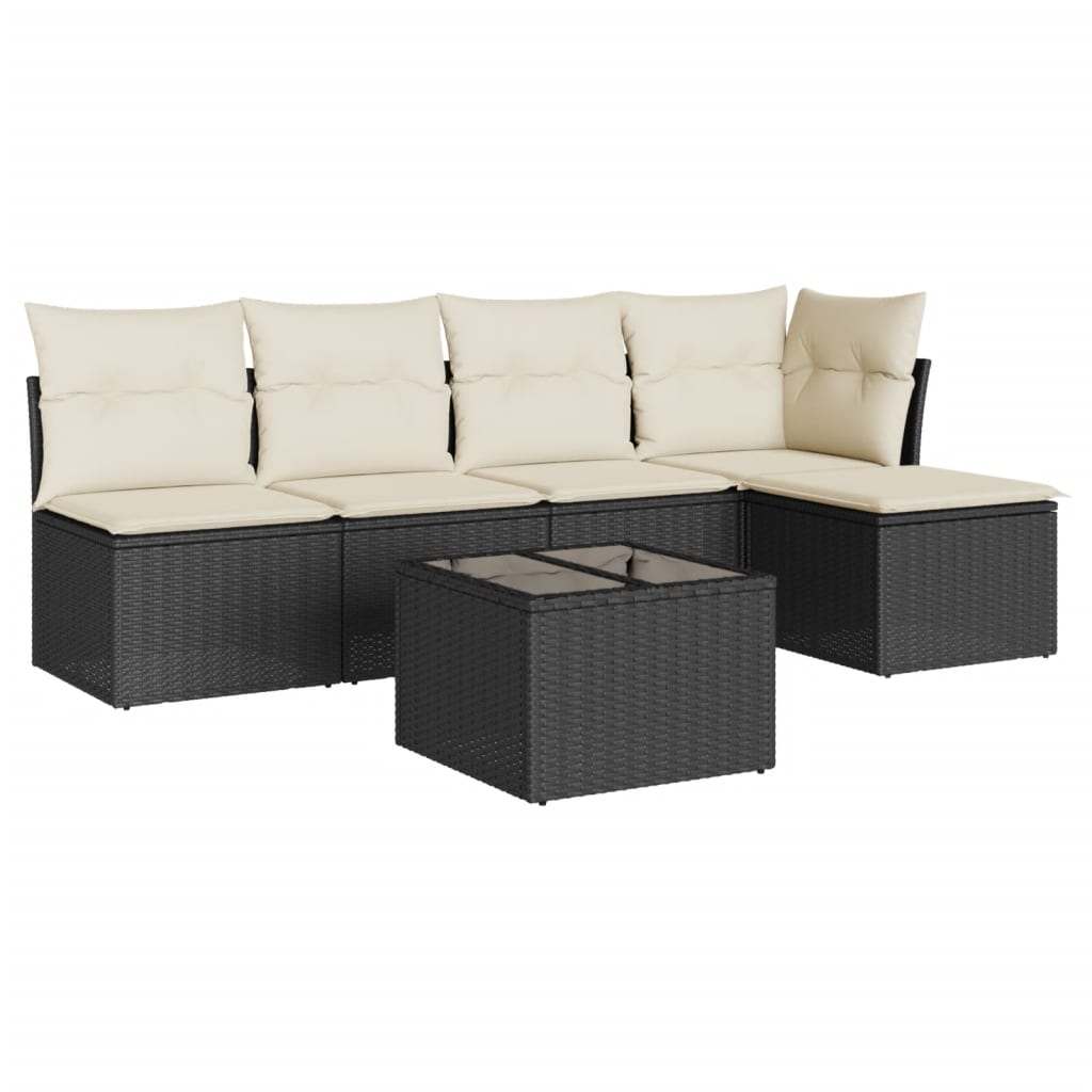 6-delige Loungeset met kussens poly rattan zwart