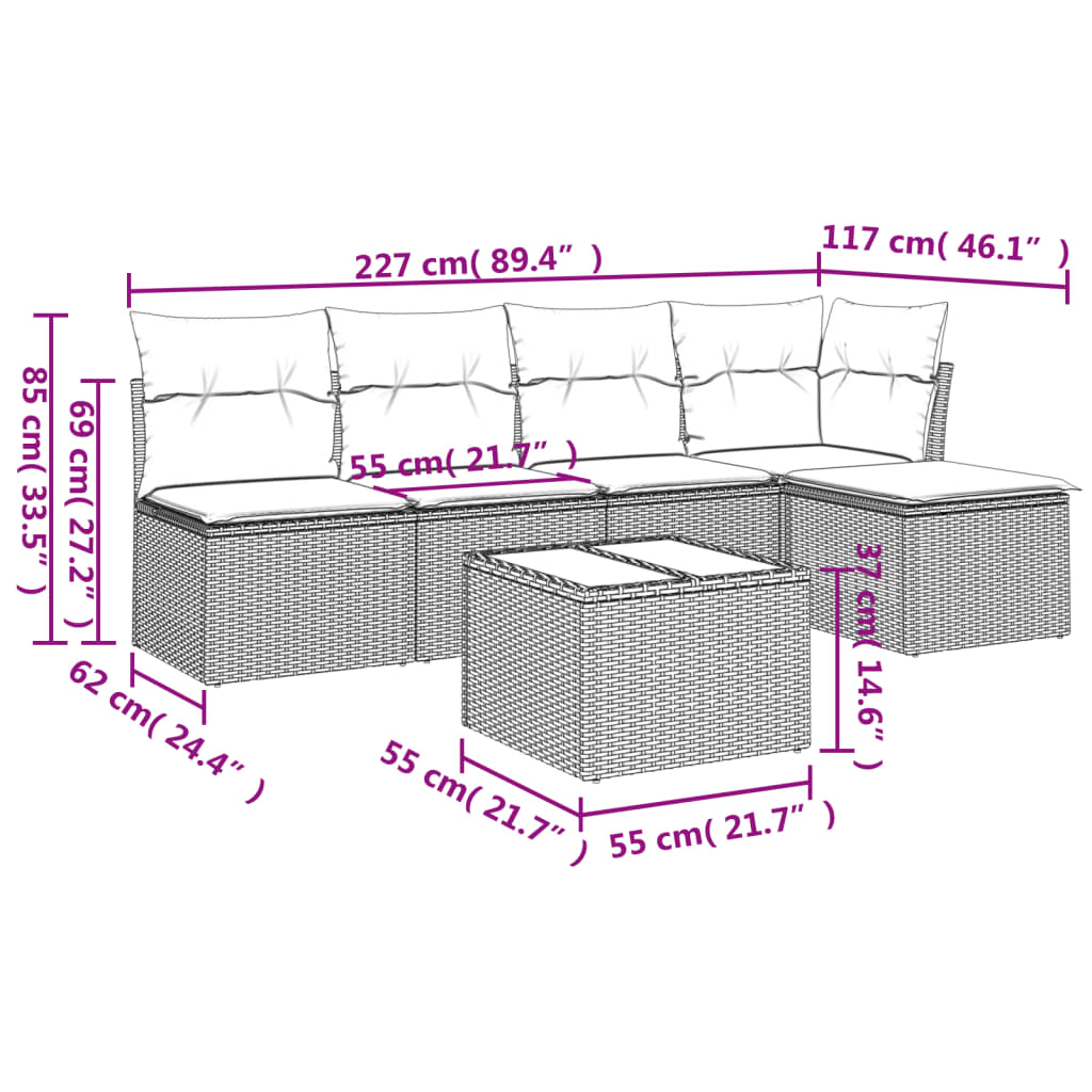 6-delige Loungeset met kussens poly rattan zwart