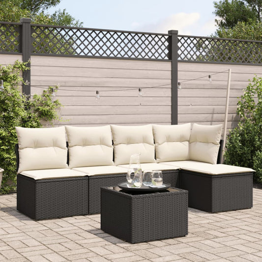 6-delige Loungeset met kussens poly rattan zwart