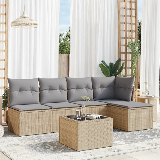 6-delige Loungeset met kussens poly rattan beige