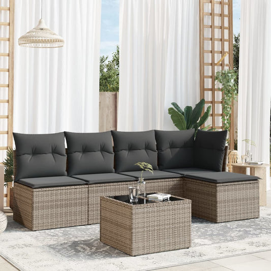 6-delige Loungeset met kussens poly rattan grijs