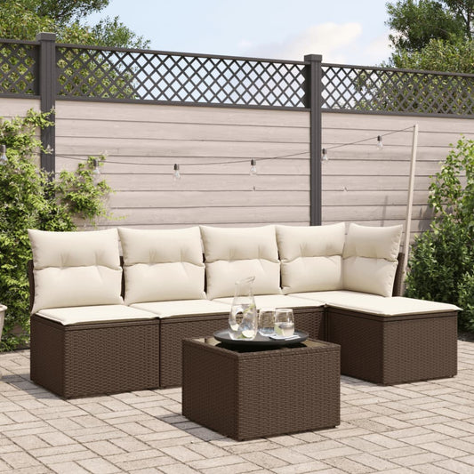 6-delige Loungeset met kussens poly rattan bruin