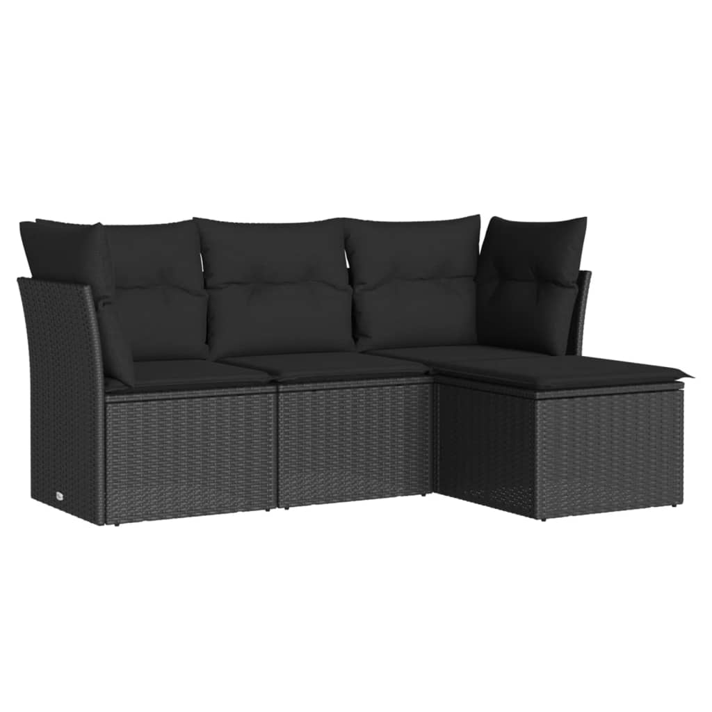 4-delige Loungeset met kussens poly rattan zwart