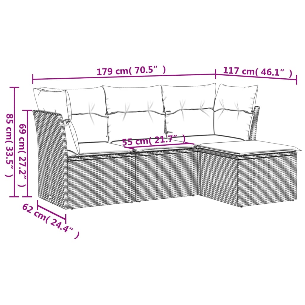 4-delige Loungeset met kussens poly rattan zwart