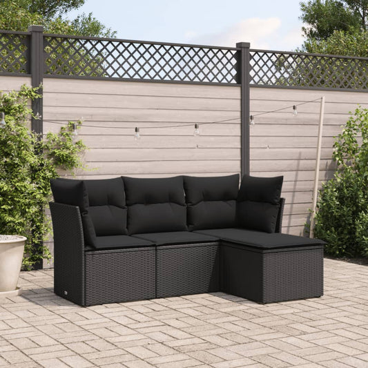 4-delige Loungeset met kussens poly rattan zwart