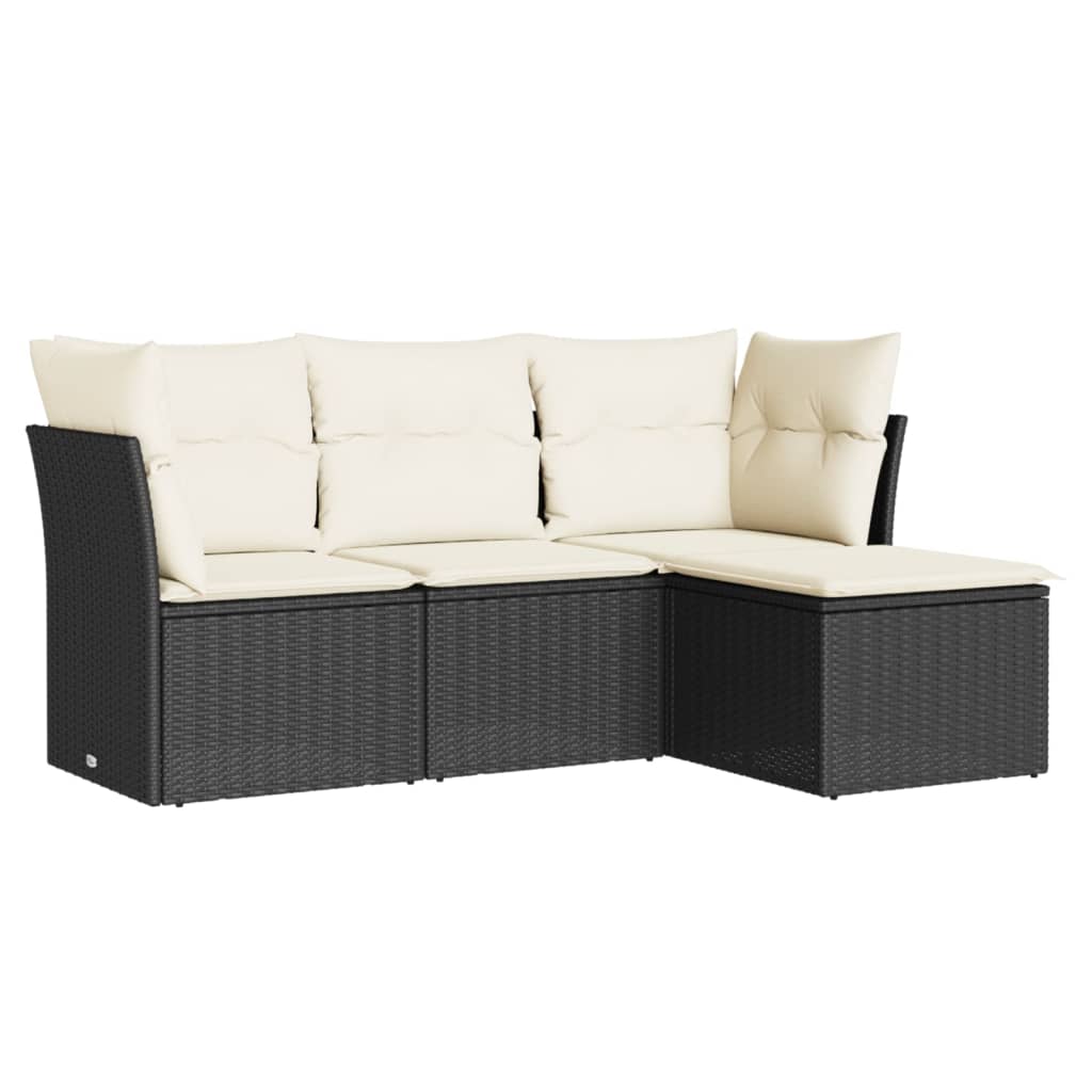 4-delige Loungeset met kussens poly rattan zwart