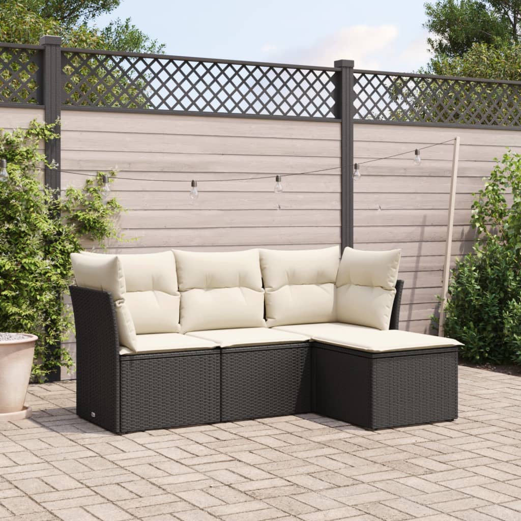 4-delige Loungeset met kussens poly rattan zwart