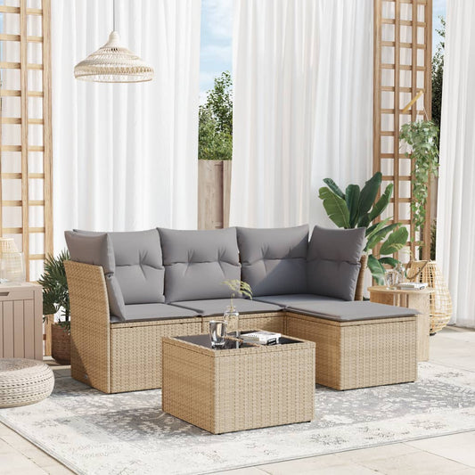 5-delige Loungeset met kussens poly rattan beige