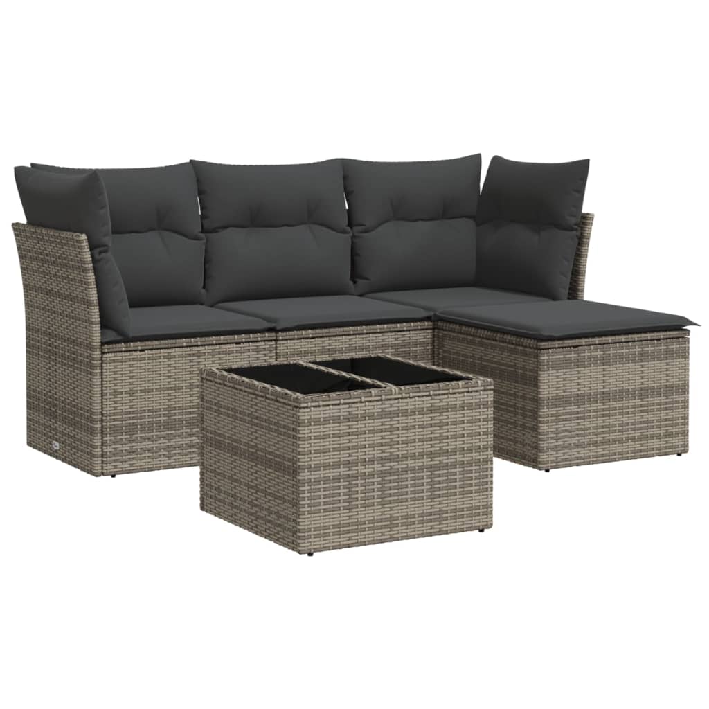 5-delige Loungeset met kussens poly rattan grijs