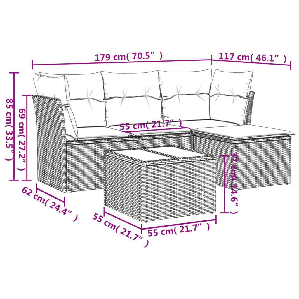 5-delige Loungeset met kussens poly rattan grijs