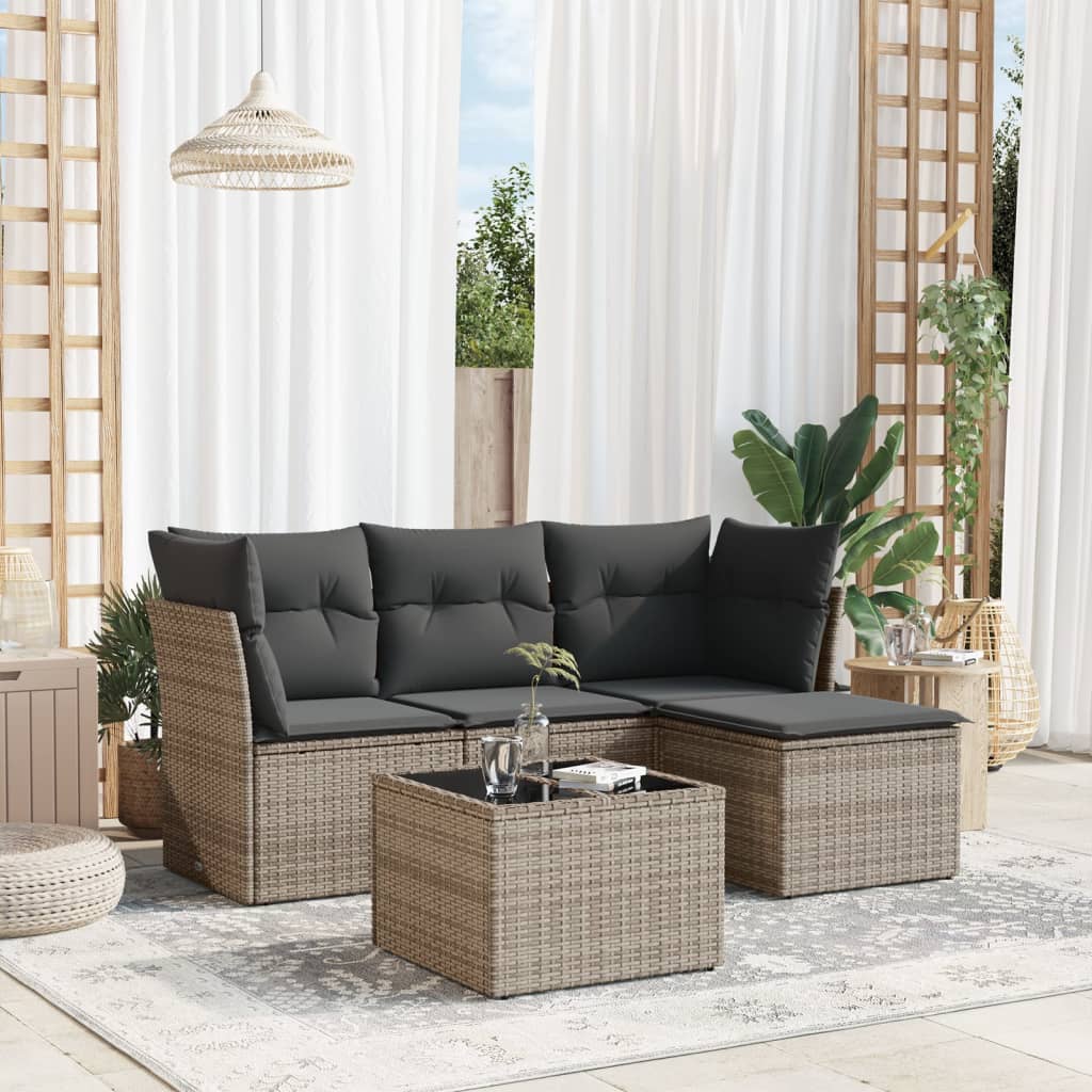 5-delige Loungeset met kussens poly rattan grijs