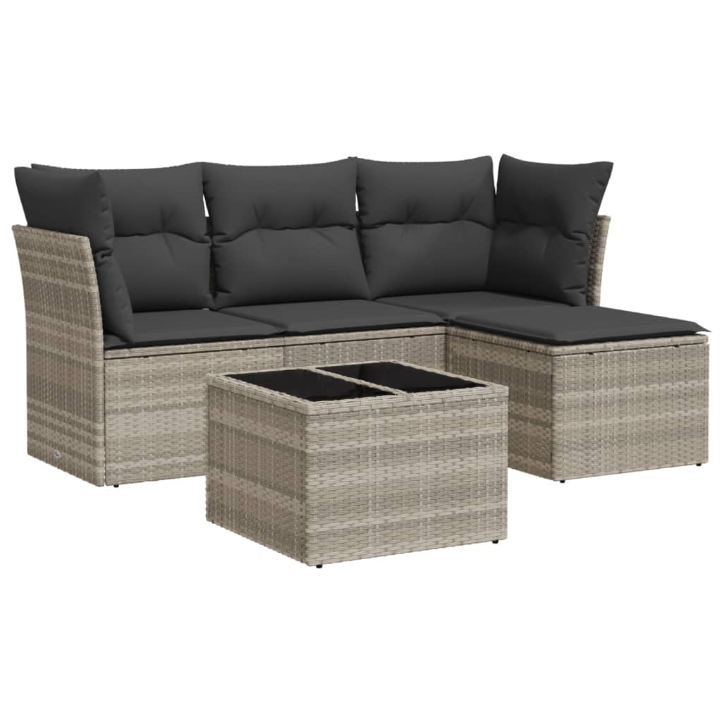 5-delige Loungeset met kussens poly rattan lichtgrijs