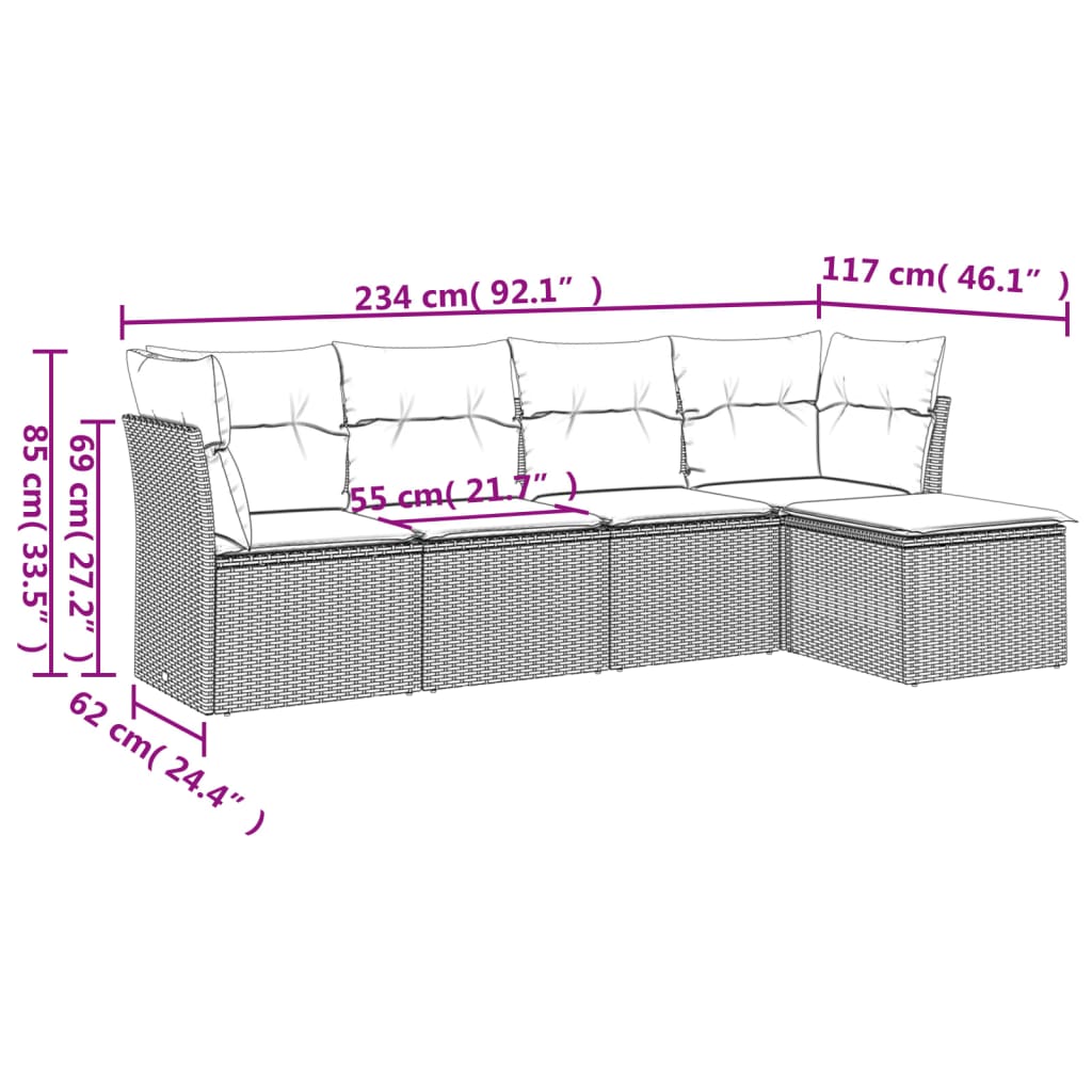 5-delige Loungeset met kussens poly rattan zwart