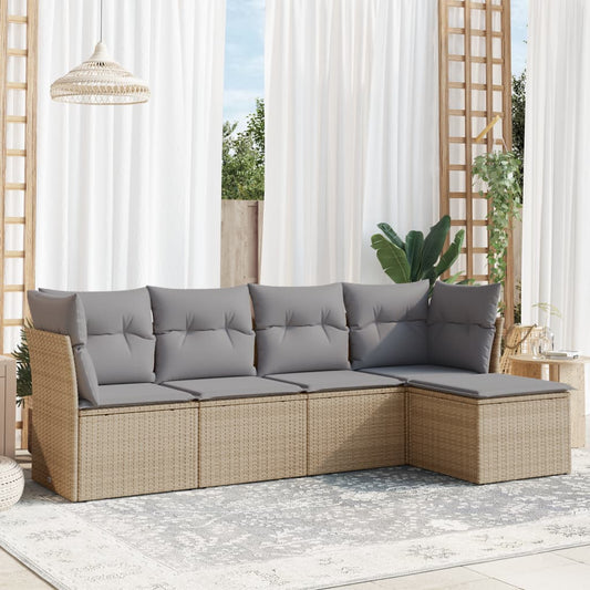 5-delige Loungeset met kussens poly rattan beige