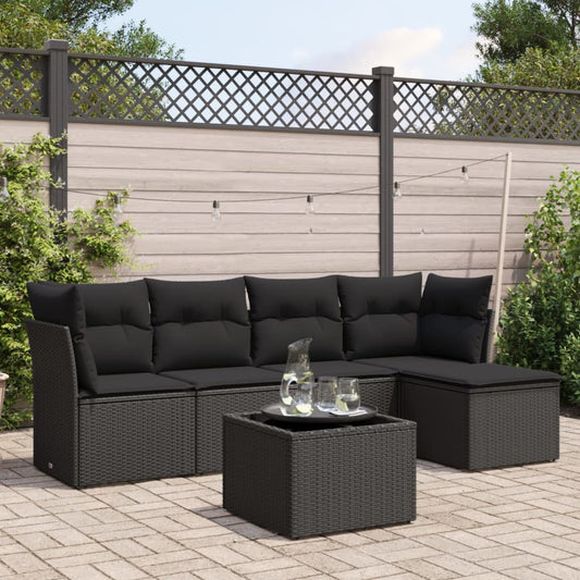 6-delige Loungeset met kussens poly rattan zwart