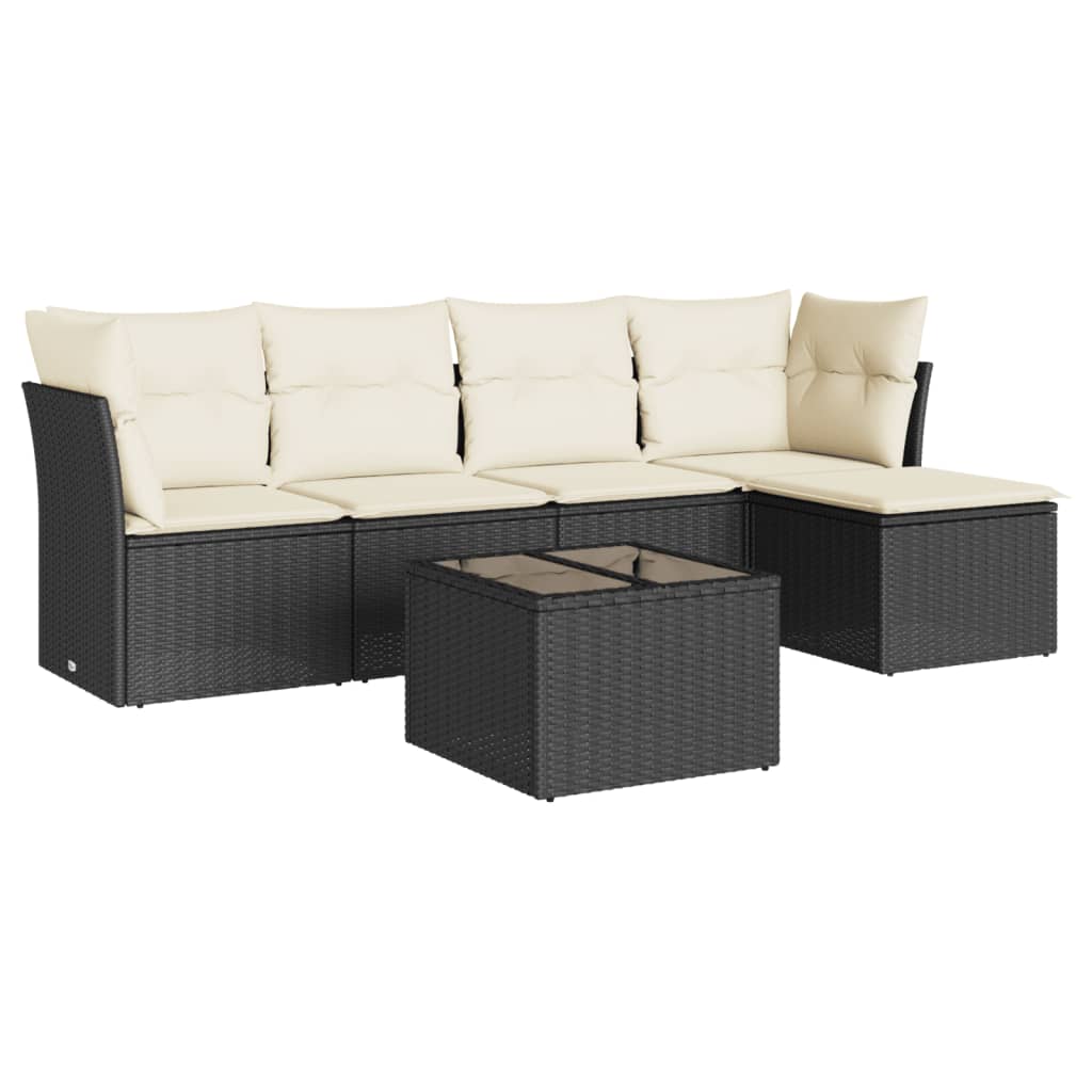 6-delige Loungeset met kussens poly rattan zwart