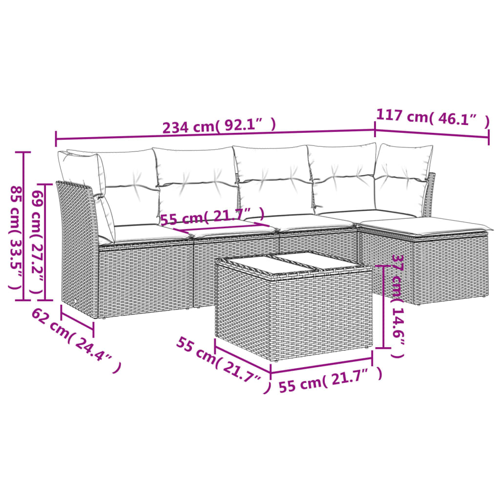 6-delige Loungeset met kussens poly rattan zwart