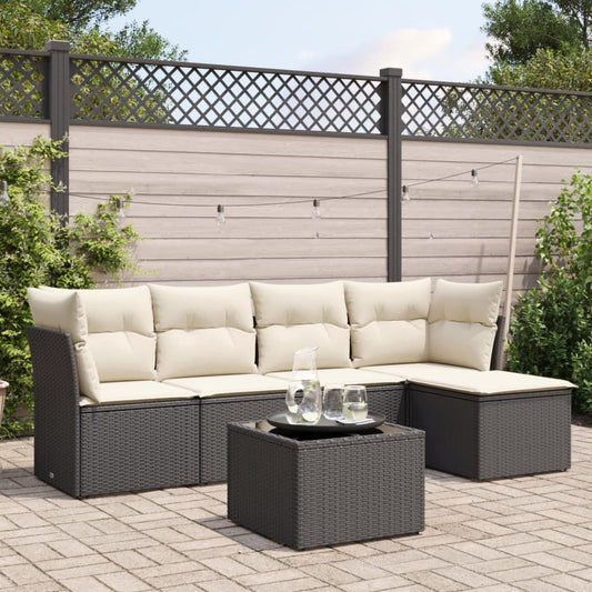 6-delige Loungeset met kussens poly rattan zwart