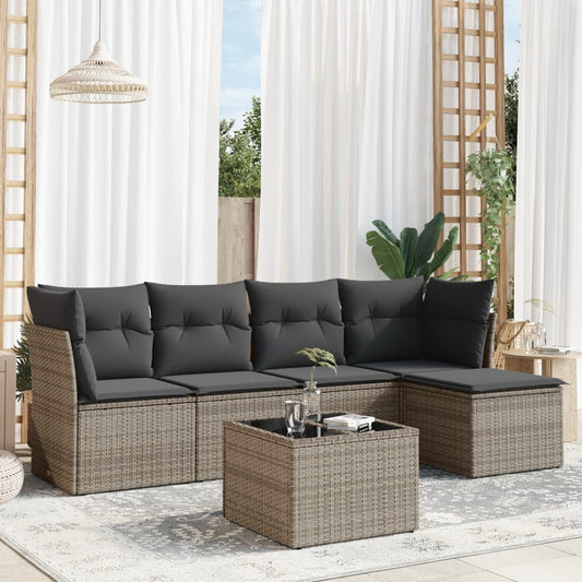 6-delige Loungeset met kussens poly rattan grijs