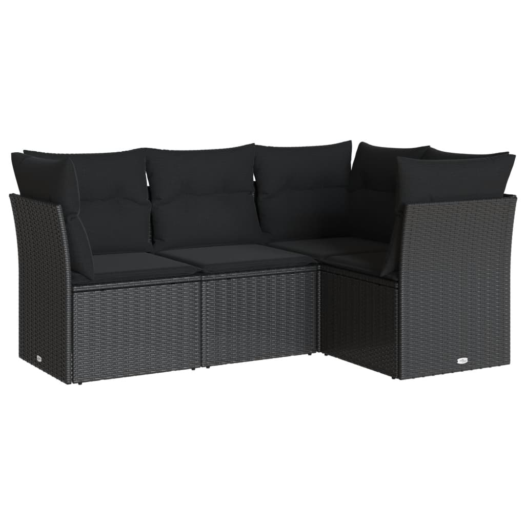 4-delige Loungeset met kussens poly rattan zwart