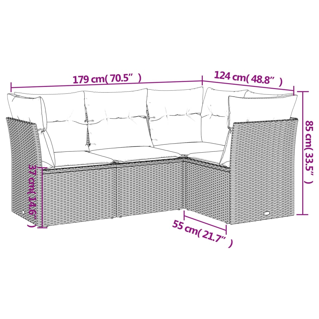 4-delige Loungeset met kussens poly rattan zwart