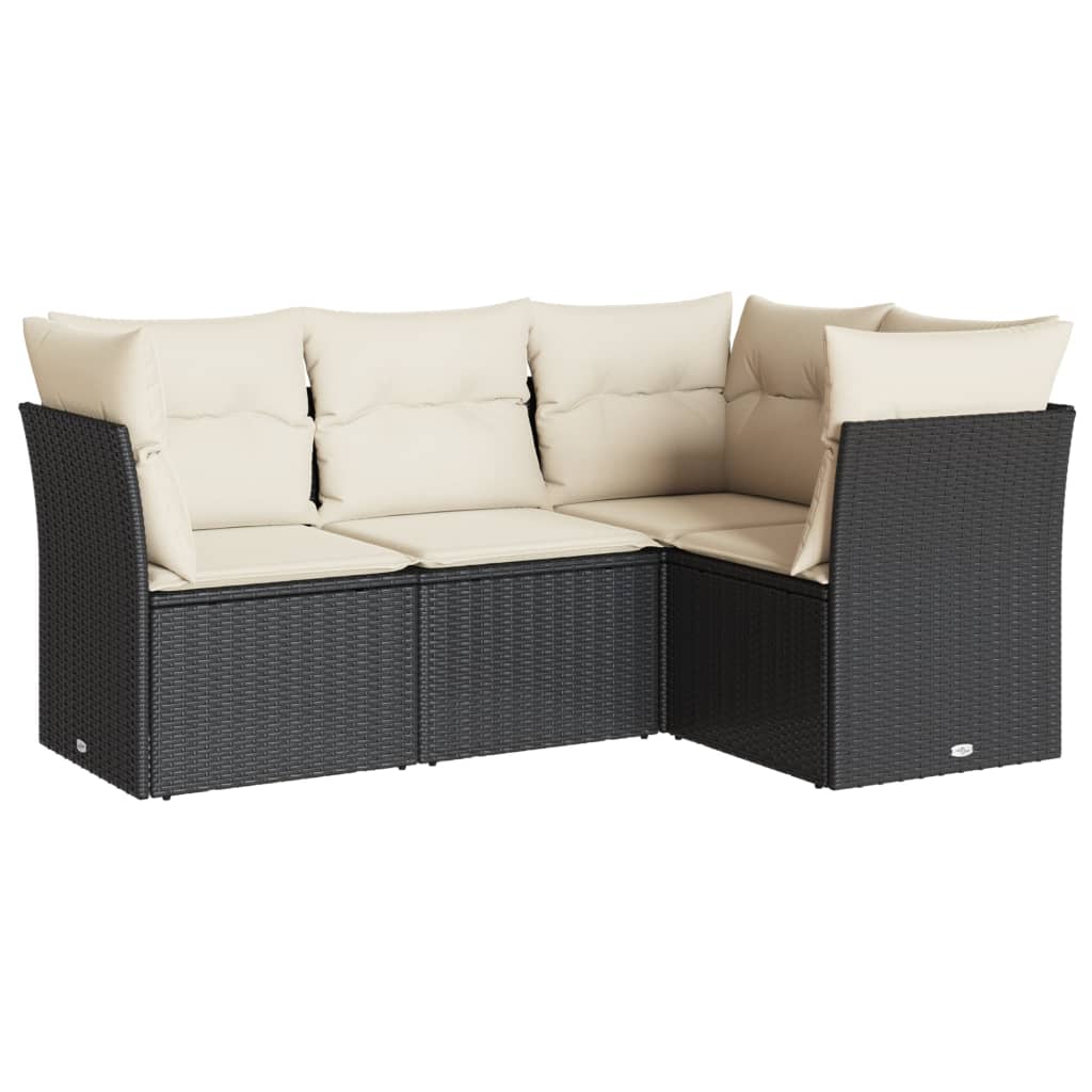 4-delige Loungeset met kussens poly rattan zwart