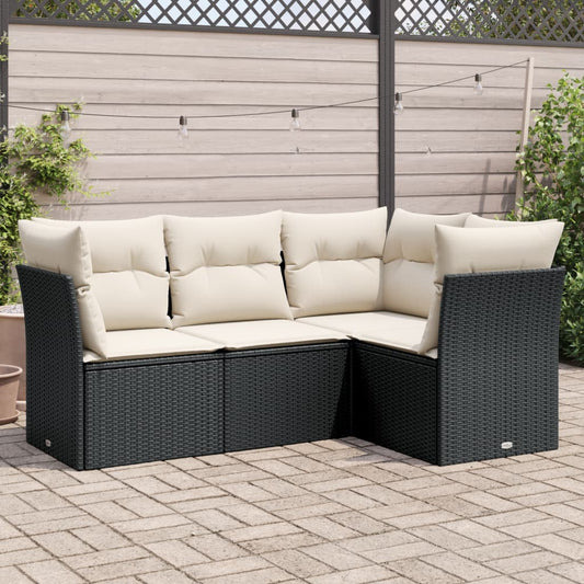 4-delige Loungeset met kussens poly rattan zwart