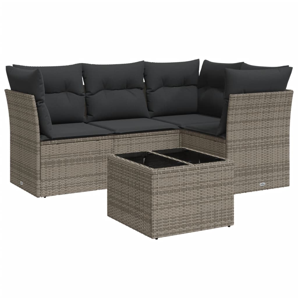 5-delige Loungeset met kussens poly rattan grijs